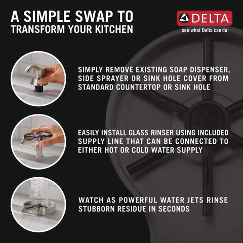 Installation guide for Chrome Glass Rinser For Kitchen Sink GR250, showing removal of soap dispenser and water connection setup.