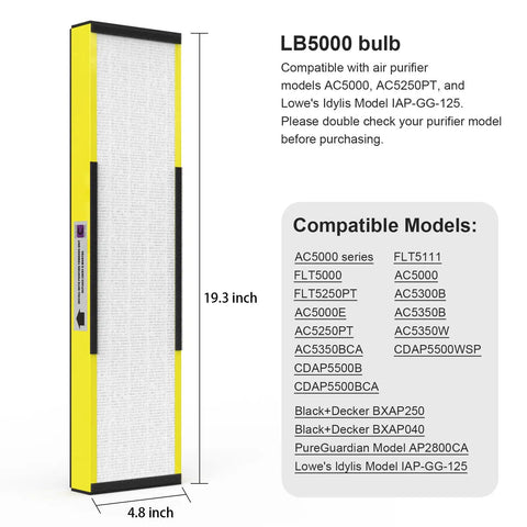 LB5000 bulb replacement with compatible air purifier model list, part of the 3 Pack True HEPA Filter C And LB5000 UV Bulb Replacement Set.