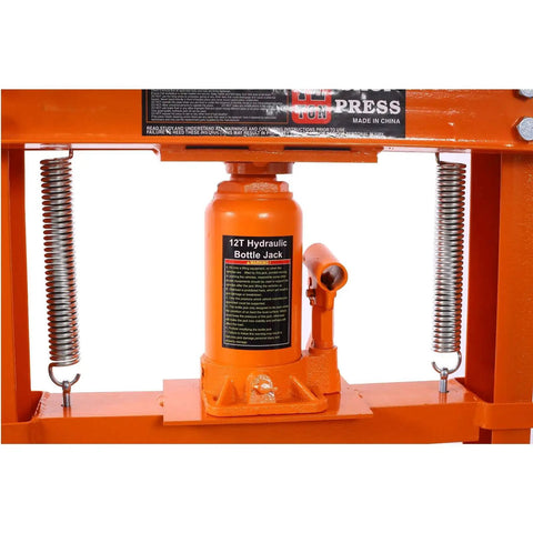 Heavy Duty H Frame Shop Press With True 12 Ton Hydraulic Power featuring a 12T hydraulic bottle jack and spring components.