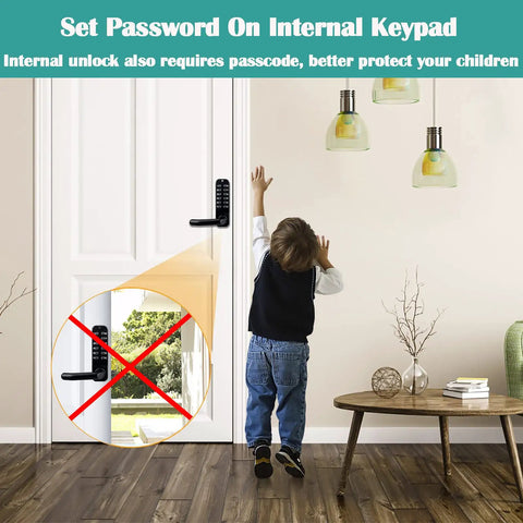 Child inside home reaching for door with Keyless Entry Door Lock With Dual Sided Keypad And Handle Digital Code Combination Lock.