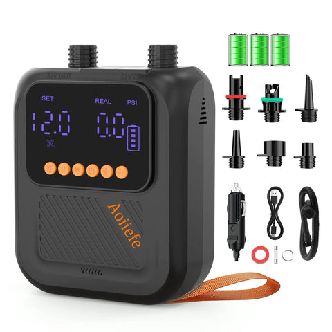 Portable Rechargeable Electric SUP Pump For Stand Up Paddleboards On The Go With Dual-Stage Inflation and accessories.