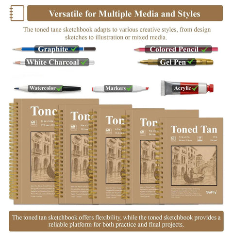 Tan Toned Sketchbook For Mixed Media With Sixty Sheets Of 90lb 150gsm Tan Drawing Paper 5.5 By 8.5 Inches Great For Charcoal Graphite Colored Pencils And White Gel Pens One Hundred Percent Recycled Wire Bound, shown with various compatible media.