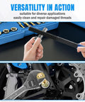Beefy 15 Piece Metric Thread Chaser Set Master Thread Repair Kit shown repairing damaged threads on a motorcycle component.