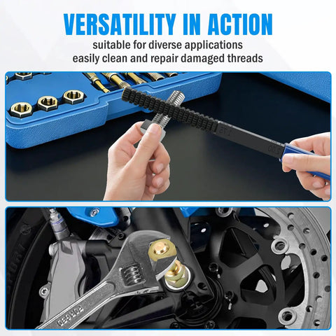 Beefy 15 Piece Metric Thread Chaser Set Master Thread Repair Kit shown repairing damaged threads on a motorcycle component.