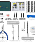 35 Piece Heavy Duty Universal Emergency Tire Repair Kit with T-handle tools, reamer, pliers, and lubricant, components displayed.