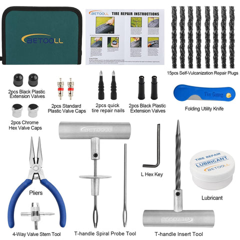 35 Piece Heavy Duty Universal Emergency Tire Repair Kit with T-handle tools, reamer, pliers, and lubricant, components displayed.