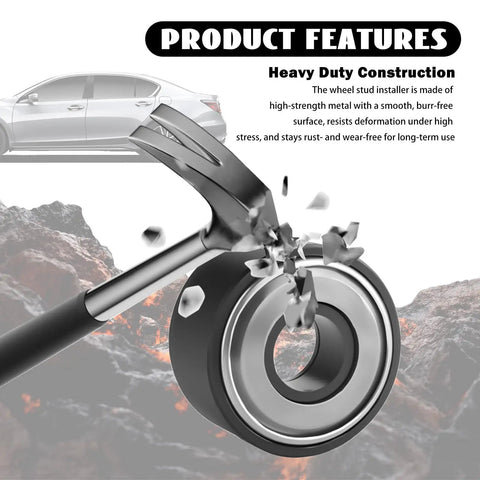 Heavy Duty Wheel Stud Installer Kit 2 Pack For Cars Pro Grade Includes 3/4 Inch Lug Nuts And M12x1.25 M12x1.5 M14x1.5 Stud Tools OEM 22800 Replacement Easy Accurate Wheel Stud Replacement And Installation showing the product's heavy duty metal construction with smooth burr-free surface against a car and rocky background.
