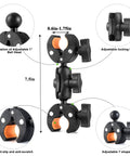 Double Clamp Camera Mount With 360 Degree Arm And 180 Degree Tilt, featuring adjustable locking knobs and anti-slip design.