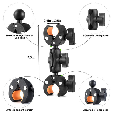 Double Clamp Camera Mount With 360 Degree Arm And 180 Degree Tilt, featuring adjustable locking knobs and anti-slip design.