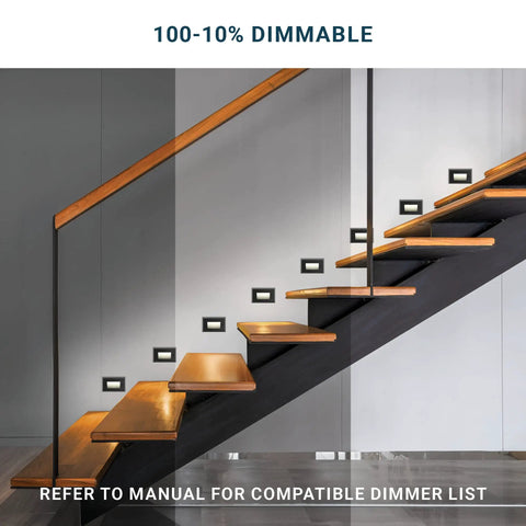 Step lights on modern indoor staircase, showcasing Six Pack Dimmable LED Step Lights For Indoor And Outdoor Stair And Deck Lighting With Three Color Temperature Options 3000K 4000K 5000K Aluminum Housing IP65 ETL Listed Black Finish 2.5W 130LM