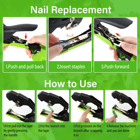 Updated Plant Tying Machine Kit With Auto Tape Gun And Slick Garden Binding Tool showing nail replacement steps and usage instructions.