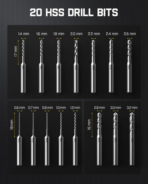 Image showing 20 HSS drill bits of varying sizes for the K2 Nano Power Drill Kit for DIY Projects With 20 Bits and 800mAh Rechargeable Battery.