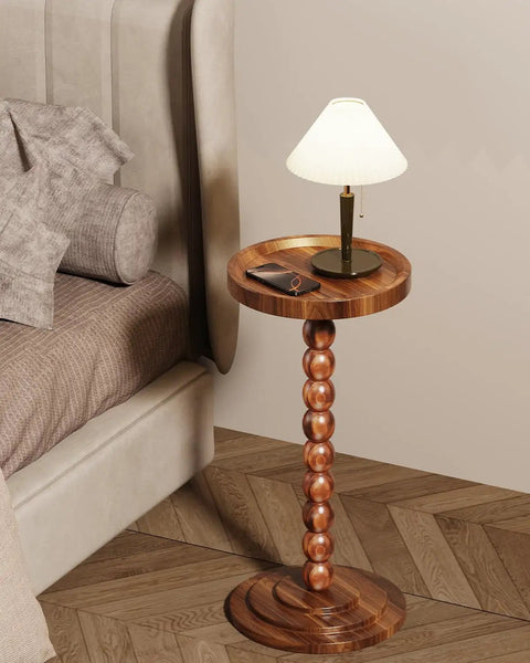 Round Walnut Wood Side Table With Solid Wood Columns, Ultra Sturdy Mid Century Modern Drink Table For Living Room