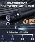 1920P HD Dual Lens Borescope Camera with light, IP67 waterproof, 8 adjustable LEDs, shown on wet surface