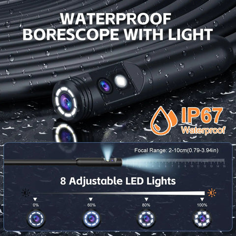1920P HD Dual Lens Borescope Camera with light, IP67 waterproof, 8 adjustable LEDs, shown on wet surface