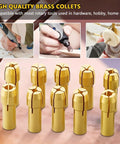 Brass Three Jaw Drill Chuck Set For Rotary Tools With 0.5mm To 3.2mm Collets Solid Quick Grip Chucks displayed with usage examples.