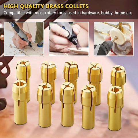 Brass Three Jaw Drill Chuck Set For Rotary Tools With 0.5mm To 3.2mm Collets Solid Quick Grip Chucks displayed with usage examples.