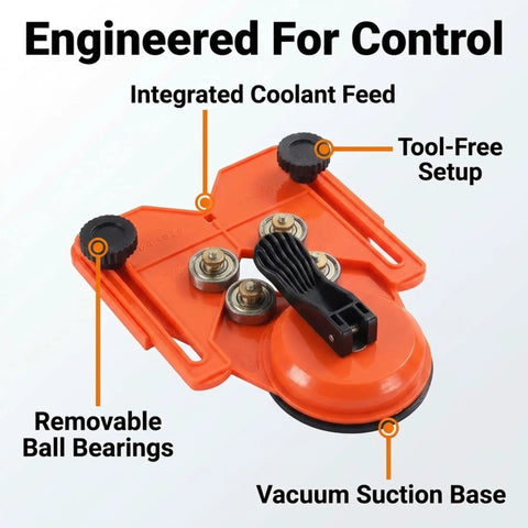 Adjustable Diamond Drill Guide with Suction Base featuring removable ball bearings and tool-free setup for clean cuts in tile and stone.