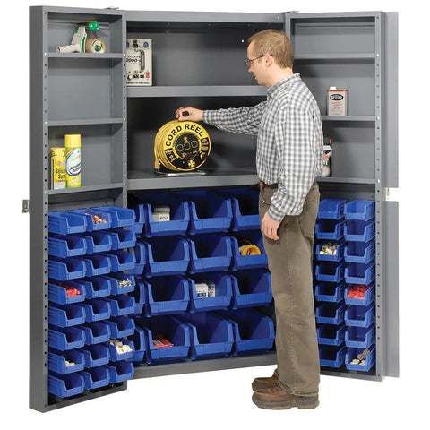 Heavy Duty Steel Storage Cabinet Kicking Chaos To The Curb With Forty Eight Small And Sixteen Large Blue Bins, in use for organizing tools.