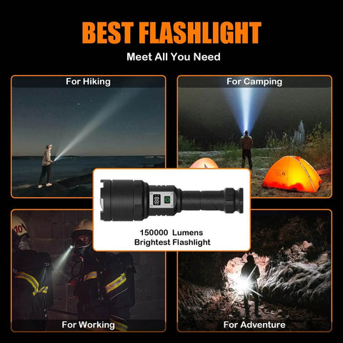 Ridiculously Bright Rechargeable LED Flashlight With Up To 200000 Lumens shown in various settings: hiking, camping, working, adventure.