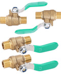 Straight Shooter 1/4 Inch Brass Ball Valve Four Pack With Dead Simple Shut Off For Hot And Cold Water Plumbing Setup with green handles.