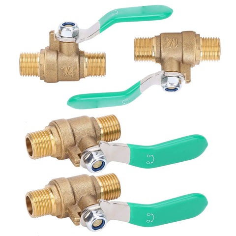 Straight Shooter 1/4 Inch Brass Ball Valve Four Pack With Dead Simple Shut Off For Hot And Cold Water Plumbing Setup with green handles.