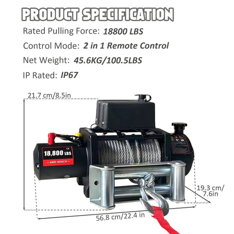 Rugged Electric Steel Cable Winch With 5.7HP High Power Motor For Heavy Duty Towing And 18800lbs Capacity with remote control features.