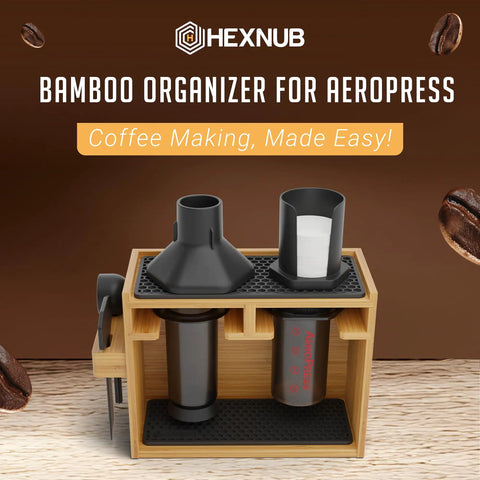 Bamboo AeroPress Coffee Organizer Stand with accessories and mugs filter holder, featuring silicone drip mats, countertop view.