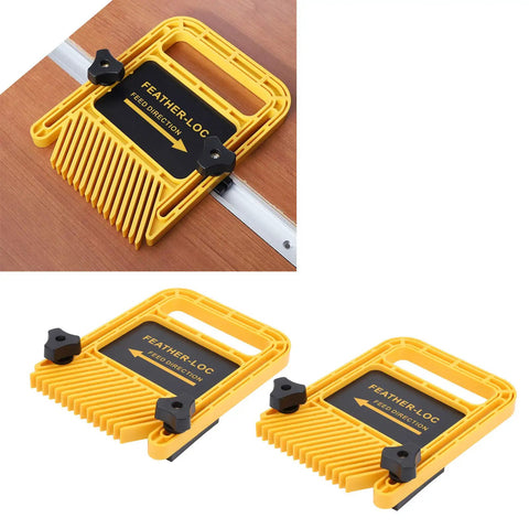 6 Inch Adjustable Feather Board And Tough As Nails ABS Push Block for Table Saw, positioned for secure stock guidance.