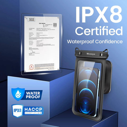 2 Pack IPX8 Waterproof Phone Pouches With Lanyards displayed with certification and waterproof labels
