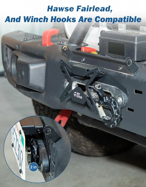 Universal Flip Up License Plate Mount For 10 Inch Hawse Fairlead Front Bumper Fits Off Road Pickup Trucks RVs Winch Ready License Plate Bracket Front End Mount Easy Install on black bumper
