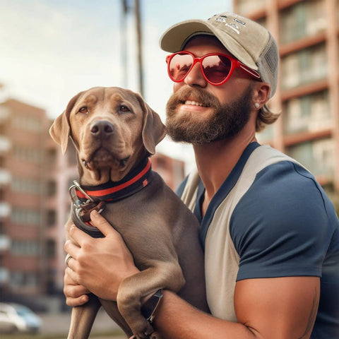 Man wearing Funny Spare Time RV Camper Hat For Him Outdoor Cap With Adjustable Strap, holding a dog, city background.