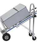Heavy Duty Stair Climbing Cart With Smooth Tri Wheel Design For Crushing Heavy Moves And Furniture Hauls No Sweat Rolling Platform Truck with a silver freezer on a dolly.