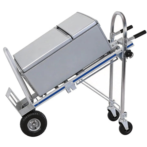 Heavy Duty Stair Climbing Cart With Smooth Tri Wheel Design For Crushing Heavy Moves And Furniture Hauls No Sweat Rolling Platform Truck with a silver freezer on a dolly.