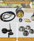 European connector kit for welding machines, includes cable, handwheel design, and center locating cones for precise use.