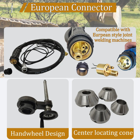 European connector kit for welding machines, includes cable, handwheel design, and center locating cones for precise use.