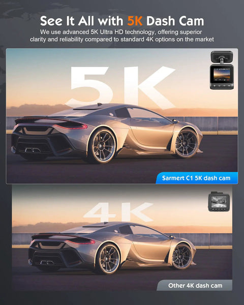 Comparison of Sarment C1 5K dash cam and 4K dash cam with images of supercars and 5K and 4K labels showcasing video clarity.