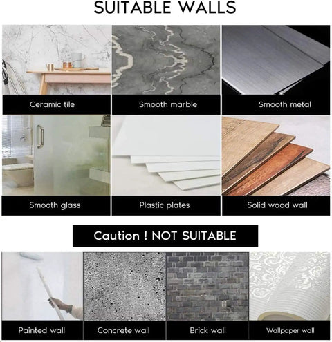 Diagram showing suitable and unsuitable surfaces for Brushed Gold Self Adhesive Wall Hooks. Includes tile, glass, and wallpapers.