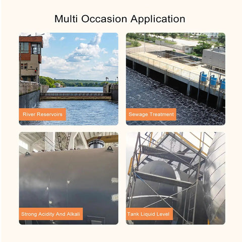 Image showcasing various industrial applications, including river reservoirs, sewage treatment, strong acidity tanks, and liquid level tanks.