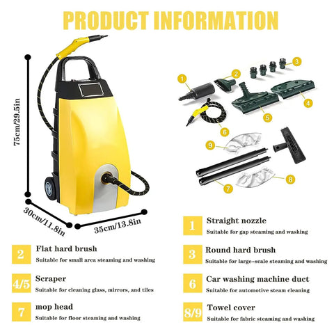 Heavy Duty 3000w Steam Cleaner Engine Wash Multi Purpose Commercial Grade Steamer With Six Accessories shown with measurements and toolset.