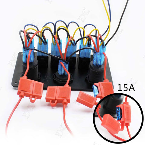Back view of 12 Volt Green LED 6 Gang Rocker Switch Panel with USB Charger and Cigarette Lighter Socket Voltmeter Waterproof