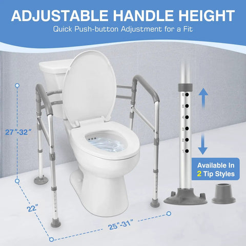 No Sweat Setup Heavy Duty Toilet Safety Rails And Medical Stand Assist For Seniors With Super Solid Bathroom Grab Bars and Totally Reliable Handrail Support Frame showing adjustable height and stability.