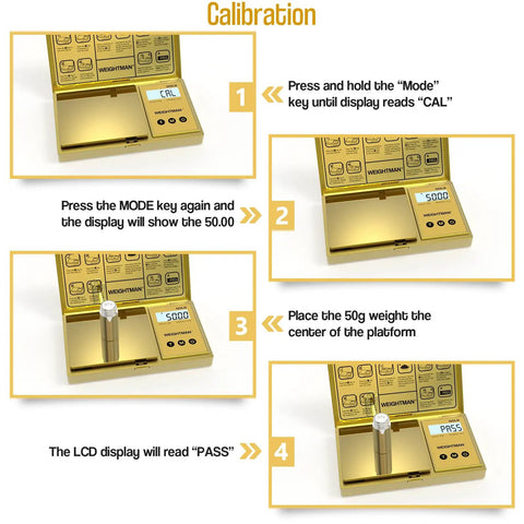 Calibration steps for a Pocket Scale 200G Capacity With 0.01G Precision, Gold Titanium Plating, LCD Backlit Display.