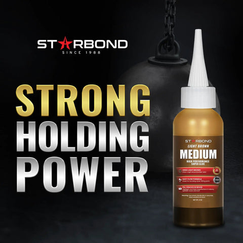 Light Brown Medium CA Glue Pro Kit 2 Oz For Woodworking Woodturning displayed with text 'Strong Holding Power' and heavy object in background