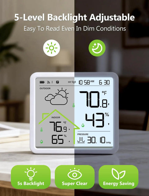 Rechargeable Weather Station With Wireless Indoor Outdoor Thermometer And Atomic Clock With WWVB on a table, 4.3 inch display