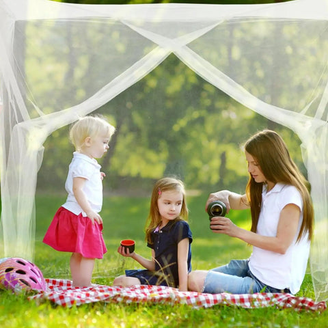 Family sitting under Four Corner Bed Mosquito Net For Canopies And Travel, Rectangular Mesh Netting With High Density Breathable Fabric