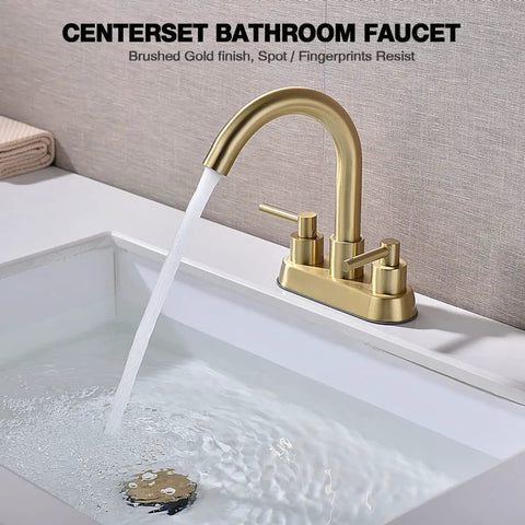 Brushed Gold 4 Inch Centerset Bathroom Faucet With Two Handles For 3 Hole Lavatory Vanity Sink Overflow Pop Up Drain CUPC Water Supply Lines Spot Resist Finish Lead Free Stainless Steel No Fuss Renovation Kit with water flowing