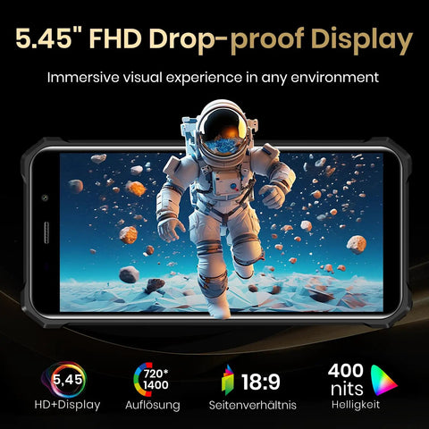 Built Tough As Nails Unlocked 4G Rugged Smartphone With 5.45 Inch Screen showcasing FHD drop-proof display with astronaut image.