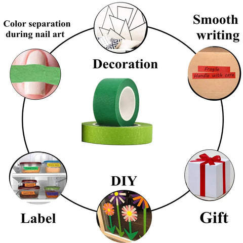 Ten Pack Colorful Masking Tape Set Easy Tear, 1 Inch Wide By 13 Yards Each, 390 Feet Total, showing green tape and various uses.