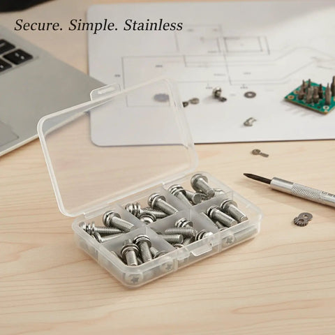 Top Tier 304 Stainless Steel Pan Head Combo Screws With Integrated Washers, M1.6 To M2 Micro Assortment, 50 Pack in clear case.